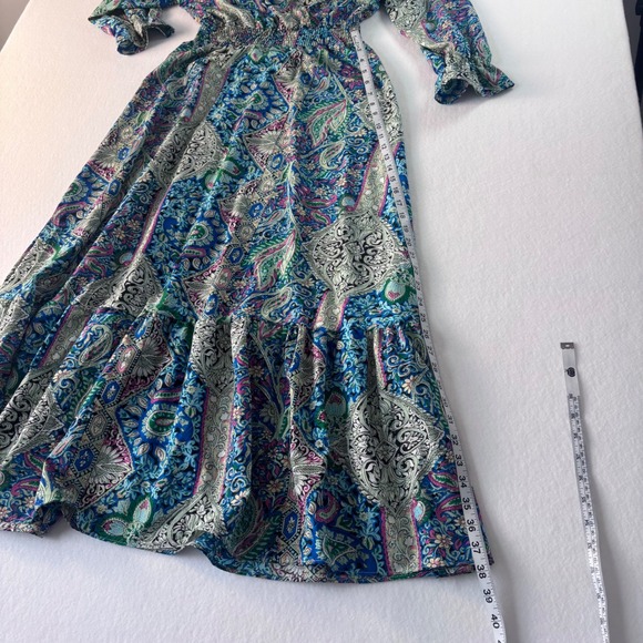 Boho Paisley Print V-Neck Maxi Dress Blue Purple Smocked Waist Tiered - Picture 12 of 12